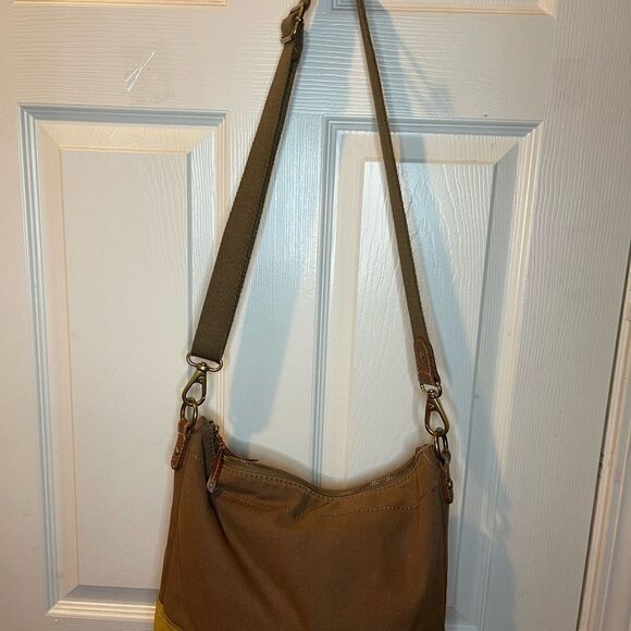 Fossil Brown canvas and yellow mustard suede medium shoulder/crossbody bag . - Picture 6 of 13